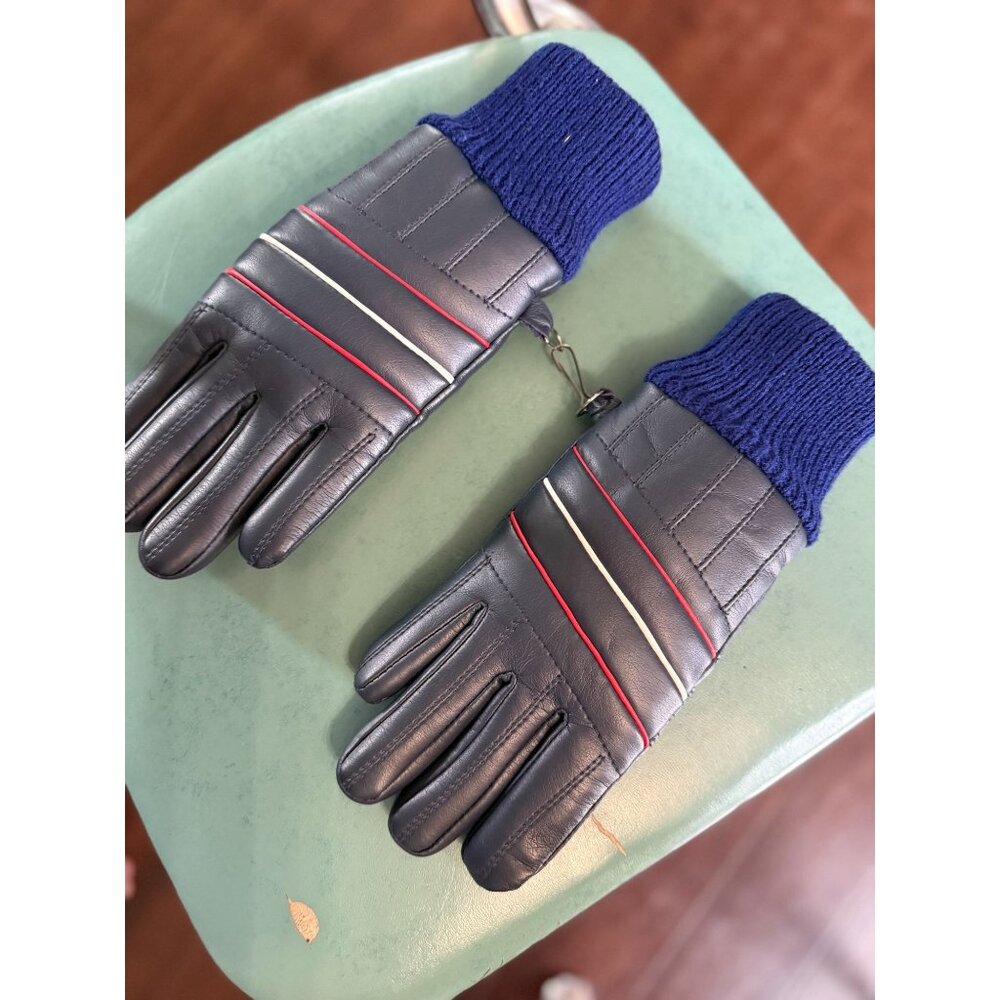 VTG 70s-80s Navy Cozy Vinyl Ski Gloves with Clip, Acrylic Wool Cuffs -  SM